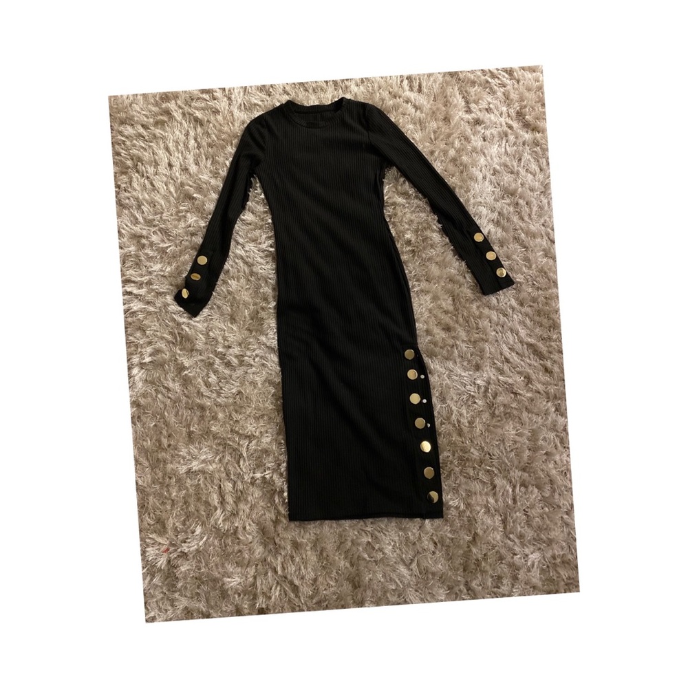 Black BodyCon Dress with Gold Button Details -Sz Small